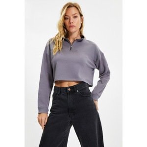 Trendyol Gray Stand Up Collar Crop Embroidered Knitted Sweatshirt