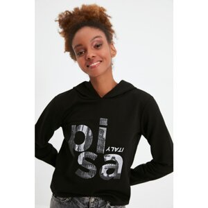 Trendyol Black Basic Hoodie Printed Knitted Sweatshirt