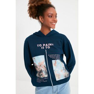 Trendyol Indigo Printed Hoodie Basic Knitted Sweatshirt