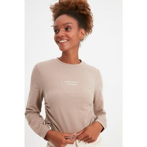 Trendyol Mink Ruffle Detailed Printed Crop Knitted Sweatshirt