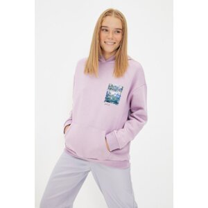 Trendyol Lila Art Licensed Printed Oversize Hooded Knitted Sweatshirt
