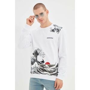 Trendyol White Men's Licensed Hokusai Printed Regular Fit Crew Neck Sweatshirt