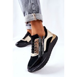 Leather Sport Shoes Sneakers Black and Gold Minor