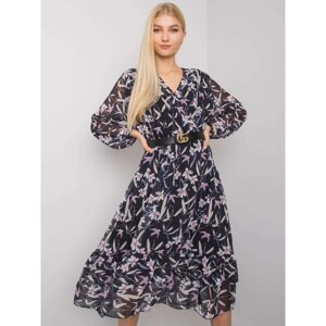 Ladies' navy blue patterned dress with a frill