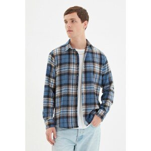 Trendyol Indigo Mens Slim Fit Shirt Collar Lumberjack Plaid Shirt