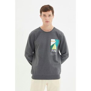 Trendyol Anthracite Regular/Real Fit Crew Neck Geometric Printed Sweatshirt