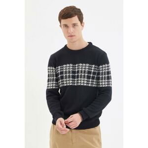 Trendyol Navy Blue Men's Slim Fit Crew Neck Plaid Paneled Knitwear Sweater