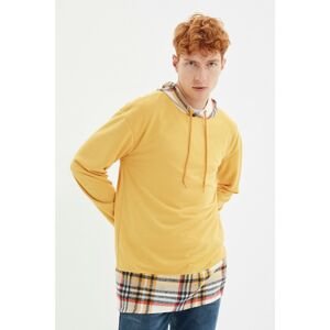 Trendyol Mustard Men's Regular Fit Hoodie, Plaid Detailed Cotton Sweatshirt