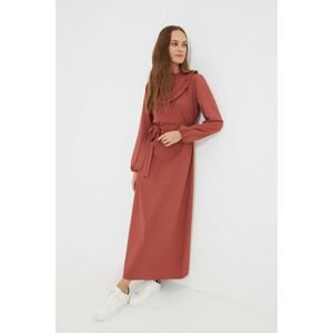 Trendyol Dried Rose Standing Collar Ruffle Detailed Belted Dress