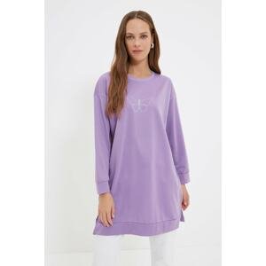 Trendyol Lilac Crew Neck Slit Detailed Printed Knitted Sweatshirt