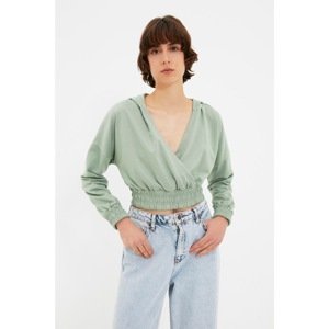 Trendyol Green Double Breasted Collar Hooded Crop Knitted Sweatshirt