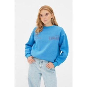 Trendyol Blue Crew Neck Basic Fit Printed Thick Fleece Inside Knitted Sweatshirt