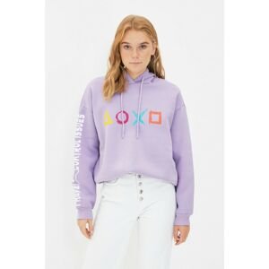 Trendyol Lilac Printed Hooded Loose Pattern Raised Knitted Sweatshirt