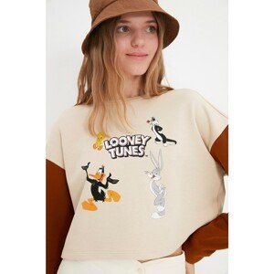 Trendyol Stone Looney Tunes Licensed Color Block Crop Knitted Sweatshirt