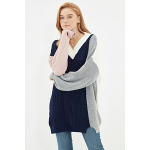 Trendyol Navy Blue Color Block Oversize Knitwear Sweater