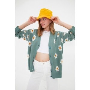 Trendyol Mint Oversize Floral Jacquard Knitwear Cardigan