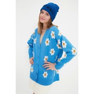 Trendyol Blue Oversize Floral Jacquard Knitwear Cardigan