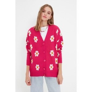 Trendyol Fuchsia Oversize Floral Jacquard Knitwear Cardigan