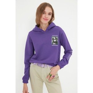 Trendyol Purple Mona Lisa Licensed Printed Basic Hoodie Knitted Sweatshirt