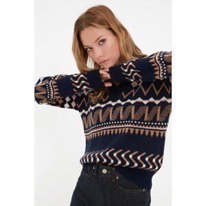 Trendyol Navy Blue Jacquard Oversize Knitwear Sweater