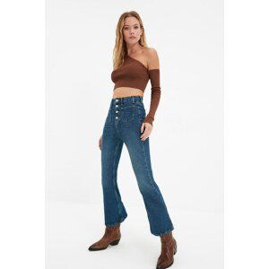 Trendyol Blue Front Button Pocket Detailed High Waist Crop Flare Jeans