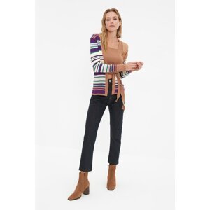 Trendyol Camel Striped Blouse- Cardigan Knitwear Suit