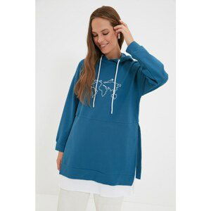 Trendyol Indigo Hoodie Printed Knitted Sweatshirt