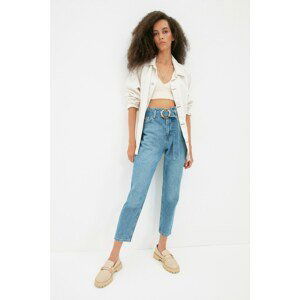 Trendyol Blue Belted High Waist Mom Jeans