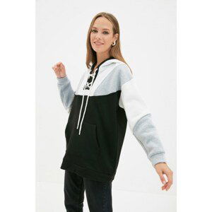 Trendyol Black Hooded Color Block Knitted Sweatshirt