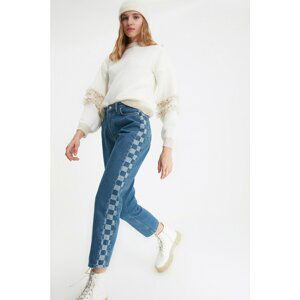 Trendyol Blue Checkered Printed High Waist Straight Jeans