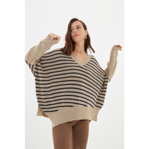Trendyol Camel Striped V Neck Knitwear Sweater