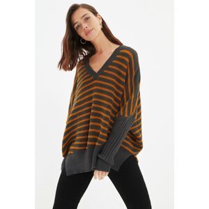Trendyol Anthracite Striped V Neck Knitwear Sweater