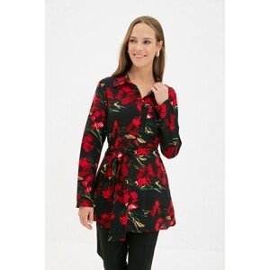 Trendyol Black Shirt Collar Floral Patterned Belted Tunic