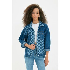 Trendyol Blue Checkered Printed Oversize Denim Jacket