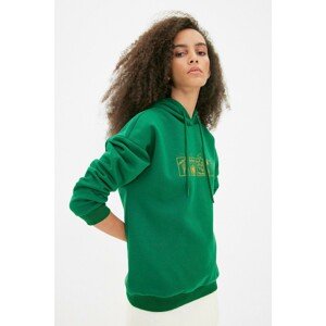 Trendyol Dark Green Printed Hoodie Boyrfriend Raised Knitted Sweatshirt