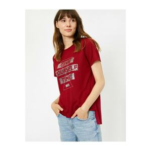 Koton Women's Claret Red Crew Neck Short Sleeve T-Shirt