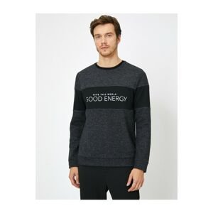 Koton Men's Anthracite Crew Neck Letter Printed Color Block Slim Fit Sweater