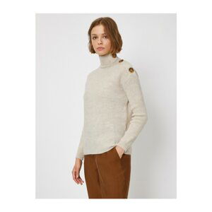 Koton Women's Ecru Turtleneck Long Sleeve Button Detailed Sweater