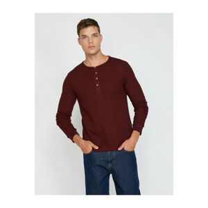 Koton Men's Claret Red Collar Detailed Long Sleeve Button Detailed T-Shirt