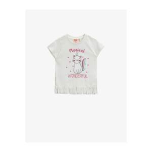 Koton Baby Girl Ecru Cat Printed Tasseled Cotton Sequin T-Shirt