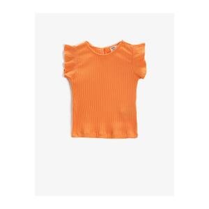 Koton Girl's Coral Sleeves Frilly Crew Neck Cotton Short Sleeved T-Shirt