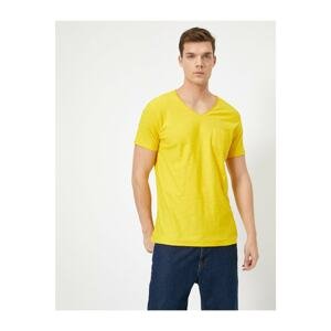 Koton Slim Fit Basic T-Shirt with Men's Yellow V-Neck Pocket Flam