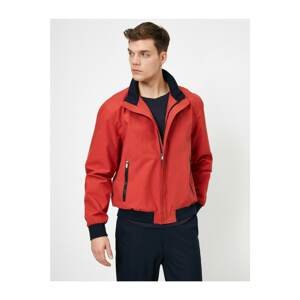 Koton Men's Red Contrast Rib Detailed Zippered Coat