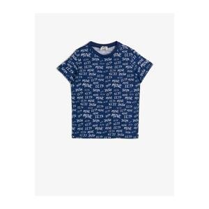 Koton Boy Blue Patterned Written Printed Cotton Short Sleeve Crew Neck T-Shirt