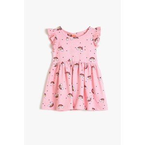 Koton Girl's Pink Crew Neck Short Sleeve Frilly Detailed Patterned Dress