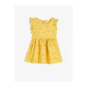 Koton Baby Girl Yellow Patterned Floral Patterned Ruffle Sleeve Pleated Waist Dress