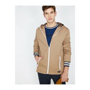 Koton Men's Ecru Zipper Detailed Pocket Detailed Hooded Coat