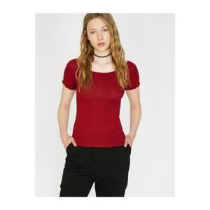 Koton Women's Claret Red Hollow Collar Short Sleeve T-Shirt