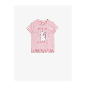 Koton Baby Girl Pink Sequin Cat Printed Tasseled Cotton T-Shirt