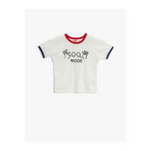 Koton Boys Ecru Printed T-Shirt Crew Neck Stripe Detailed Cotton
